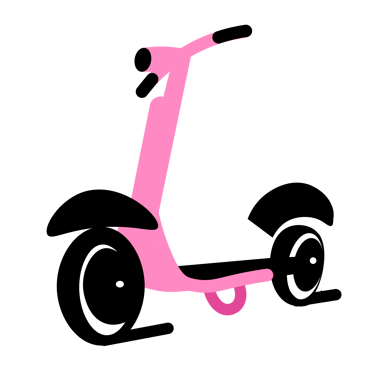 Uśmiechnięta i trochę zdziwiona różowa hulajnoga z oczami zamiast kółek.