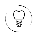 Minimalist black line icon of a dental implant with a tooth crown inside a circular border.