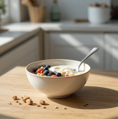 Desayuno proteico rápido con yogur alto en proteína, frutos secos y fruta fresca,