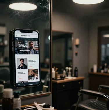 Split-frame cinematic composition — left half shows a dim cluttered barber shop website on a phone screen reflected in a mirror, right half shows the same space photographed cleanly with sharp tungsten overhead light, no text visible, dark moody tones