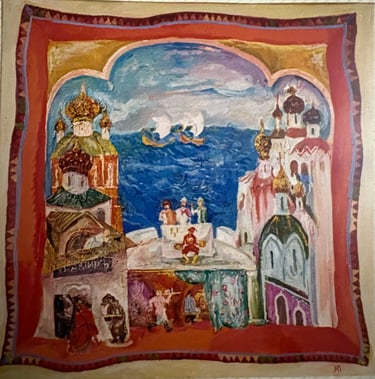 pintura de maría plakhova sobre un pañuelo ruso