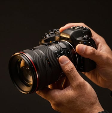 A cinematic, low-key close-up of a professional photographer’s hands adjusting a high-end lens. The lighting is dramatic and warm, highlighting textures of metal and glass. Sophisticated North American / US studio setting with gold and black tones.