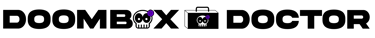 doombox doctor logo, black letters, suitcase with skill and purple flower