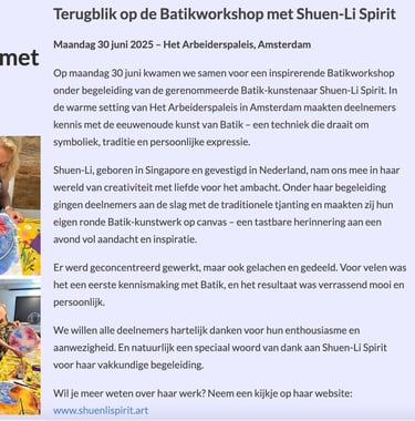 Vereniging Nederland Maleisië, batik workshop, shuen li spirit, amsterdam, VNM, arbeiderspaleis