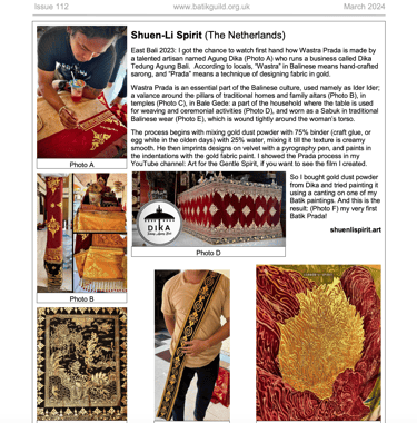 Article in batik guild magazine march 2024 issue 112 written by Shuen-Li Spirit about Batik Prada