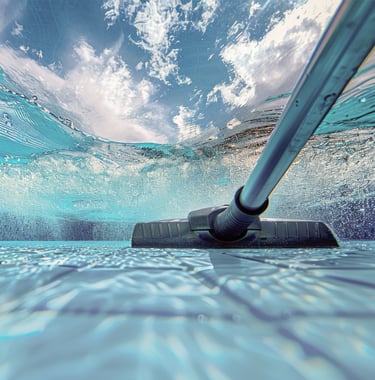 Underwater view of pool vacuum head in action, capturing crystal-clear water and deep cleaning— Piscus Pools
