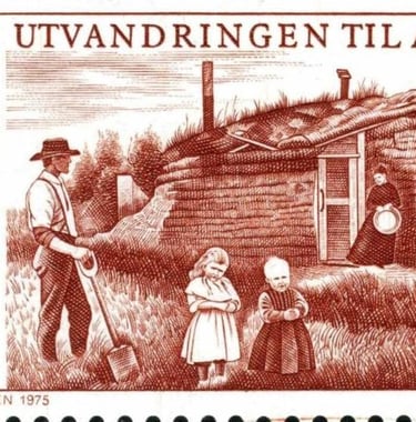 norwegian stamp with a pioneer family and a sod house