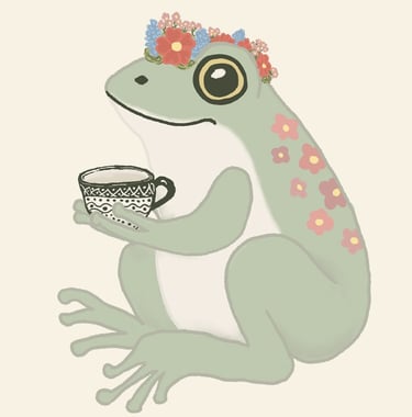 Cute flowery sage green frog sitting with a flower wreath, holding tea cup