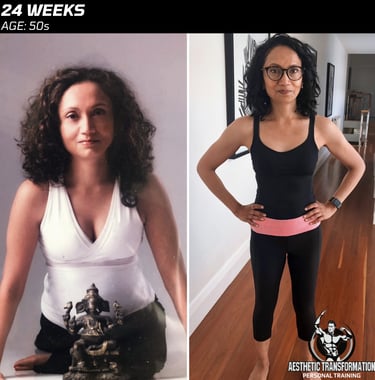 Repa's front view before and after her online fitness transformation with Aesthetic Transformation.