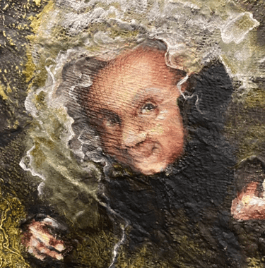 Oil paint on textured canvas.. Dark and green / yellow tones.  Endearing old woman with white hair.