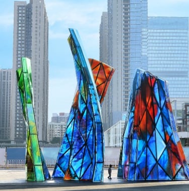 Blooming Sculpture with the Shen Zhen city skyline behind it