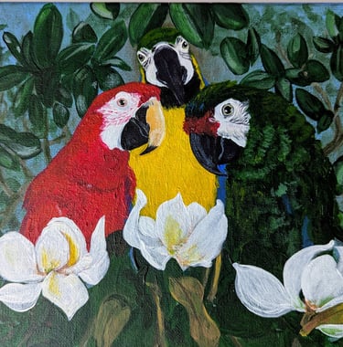 Three parrots in a magnolia tree acrylic painting on canvas.
