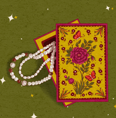 a card with a rosary illustration jewelry box botanical 