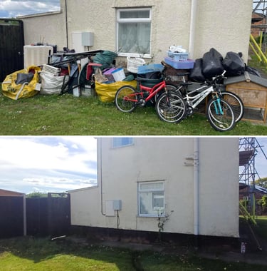 before and after pictures of waste removed from the side of a house in worcester city