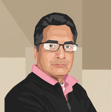 a man in a black jacket and pink shirt