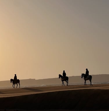 cavaliers dans les dunes au coucher de soleil