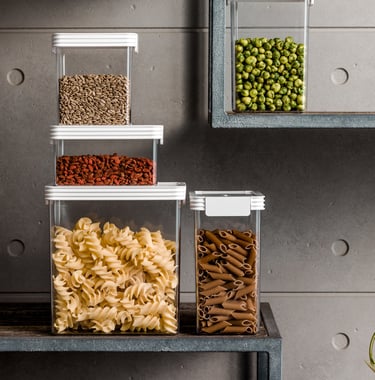 Product photography - a bunch of food items in containers on a shelf