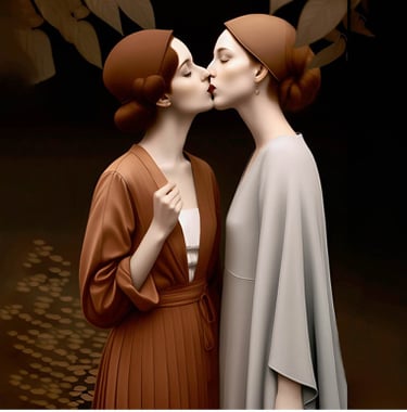 two women kissing in front of a black background