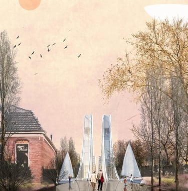 This picture displays an exterior image of the living bridge project in the Netherlands. 