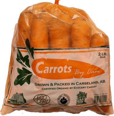 Clear plastic bag of carrots with Carrots by Cam logo