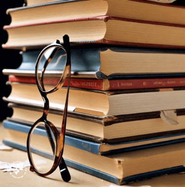 A pair of reading glasses lean against a tall stack of books