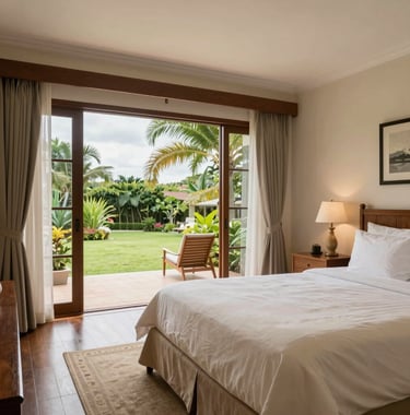 A bright and elegant private bedroom in a nursing home, featuring soft beige bedding, wooden furniture, and wide windows overlooking a garden in Mauritius.