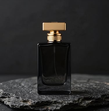 A minimalist photo of a luxury perfume bottle made of black glass with a gold cap, placed on a dark stone background.