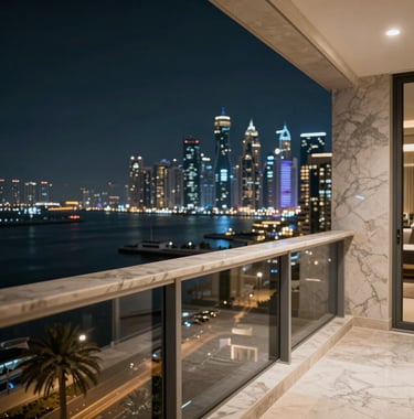 High-end real estate detail: a polished marble balcony overlooking the Dubai Marina at night, blurred city lights in the background.