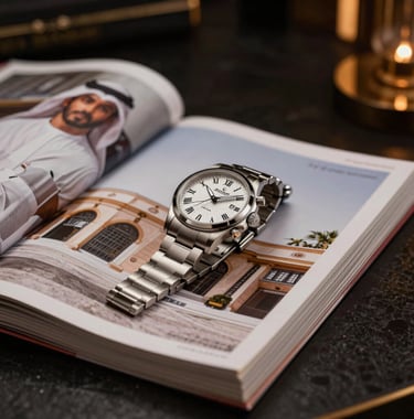 A close-up photograph of a luxury watch resting on a stack of high-end architectural magazines. Dark, moody atmosphere with warm bone lighting accents. The setting is a refined private lounge in the Middle Eastern / Gulf region.