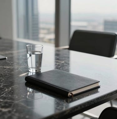 A close-up photograph of a minimalist, high-end meeting space in a Middle Eastern / Gulf skyscraper. A polished dark stone table reflects a single glass of water and a matte black notebook. Soft, natural morning light creates sharp, clean lines and a sophisticated atmosphere.