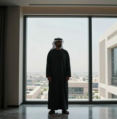 High-end editorial photography of a professional in a modern, sharp thobe standing in front of a floor-to-ceiling window in Dubai. The aesthetic is minimal and dark, focusing on the silhouette and the expensive architectural details of the room.