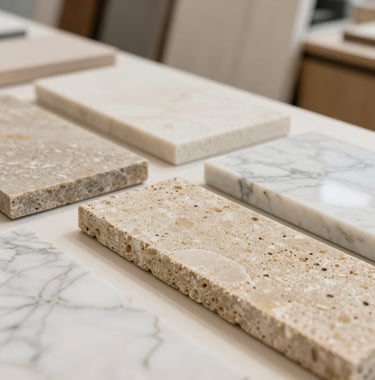 A close-up of high-quality building materials like marble and sandstone samples being compared in a bright interior design studio in Saudi Arabia, cream and sand tones dominant.