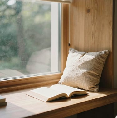 Warm editorial photography of a sun-drenched reading nook in a modern minimalist apartment, warm oak wood, linen textiles, soft morning window light, shallow depth of field, 35mm film