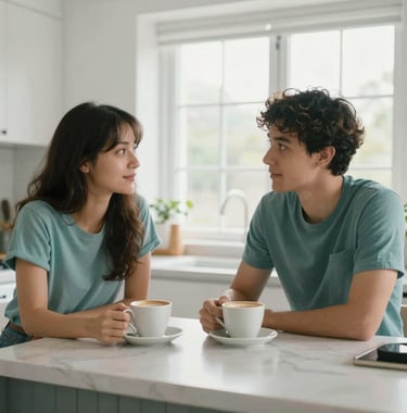 A couple having a calm conversation over coffee in a bright, modern North American kitchen, looking relaxed and engaged. High-quality photography, natural window light, palette includes soft teal and white.
