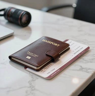 Clean photography of luxury travel documents, a high-end leather passport holder, and premium boarding passes resting on a polished white marble desk in a professional Middle Eastern / Gulf business environment.