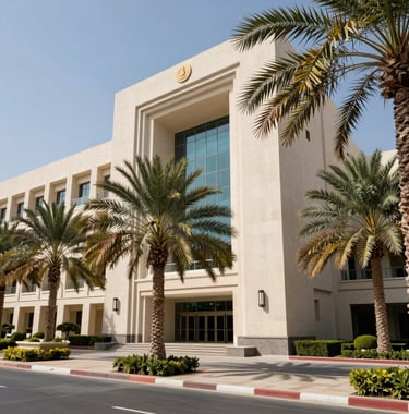 An exterior view of a prestigious educational institution in the UAE, featuring modern architecture and lush palm trees, bright daylight, professional photography representing our student visa services.