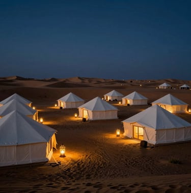 A stunning photograph of a private desert resort at dusk with warm gold lanterns and white tents against a deep navy blue sky, Middle Eastern / Gulf luxury travel theme.