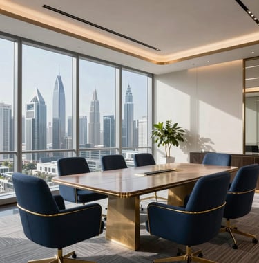 Elegant photography of a modern executive meeting room in a UAE skyscraper, featuring navy blue designer furniture and gold accents, with a clear view of the skyline through floor-to-ceiling windows.