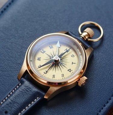 A close-up of a high-end luxury watch and a gold compass on a navy blue leather surface, symbolizing global reach and sophisticated project management.