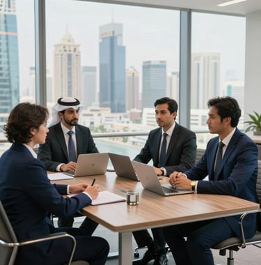 A professional business meeting occurring in a high-rise office overlooking the city, featuring sharp business attire and a minimalist aesthetic with navy blue and gold accents, Middle Eastern / Gulf corporate context.
