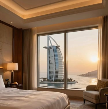 A luxury hotel suite interior with views of the Burj Al Arab through floor-to-ceiling windows, warm golden sunset lighting, premium textures of silk and wood, professional hospitality photography, UAE.