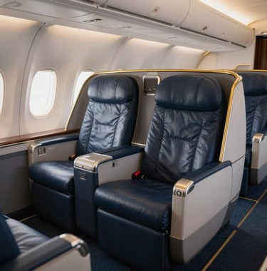 A sophisticated photo of a luxury first-class airplane cabin with navy blue leather seating and gold lighting accents, representing premium worldwide travel services.