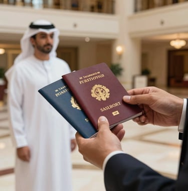A lifestyle photography shot of a professional hand-off of travel documents in a luxury hotel lobby in the Middle Eastern / Gulf region, focusing on the high-quality textures of the documents and the sophisticated surroundings.