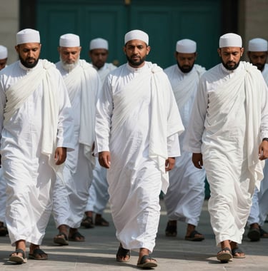 Photography of a group of International / Global Muslim pilgrims in simple white ihram attire walking together in a serene, professional composition. The lighting is bright and aspirational, reflecting a sense of peace. Muted tosca and deep teal tones in the shadows.