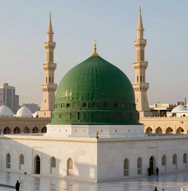 A peaceful view of the green dome of the Prophet's Mosque in Madinah, surrounded by white marble courtyards with tosca highlights. The lighting is warm and reassuring. International / Global Muslim context.