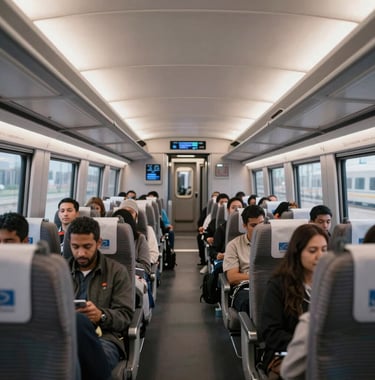 A photography of the modern Haramain high-speed train interior, showing clean lines and comfortable seating where International / Global Muslim travelers sit peacefully.