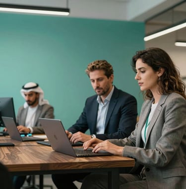 A stylish, professional shot of a modern co-working space with clean lines, dark wood, and sea green accents. Two business professionals in North African / Algerian & European / French attire are seen in a blurry background, symbolizing a collaborative fintech environment.