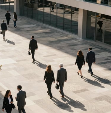 A top-down architectural photograph of a modern financial district plaza where North African and European business professionals are walking and talking. Soft shadows and a clean, high-contrast aesthetic.