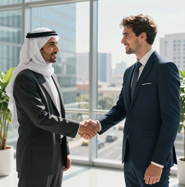 Two business partners, one in North African business attire and one in European style, shaking hands in a bright, modern glass office overlooking a bustling city. The atmosphere is optimistic and professional. Bright, clean lighting with green plant accents.
