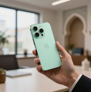 A professional close-up photograph of a person's hands holding a sleek smartphone in a high-end office. The environment reflects a mix of North African / Algerian and European / French decor. Soft natural lighting from a large window, focused on the device which glows with a soft light green hue.